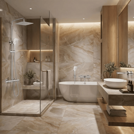 Mitigeur lavabo + Bonde sans trop plein + Colonne de douche + Mitigeur Bain + Support douchette Chrome