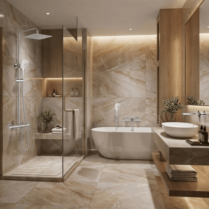 Mitigeur lavabo + Bonde sans trop plein + Colonne de douche + Mitigeur Bain + Support douchette Chrome