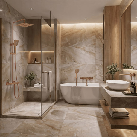 Mitigeur lavabo + Bonde sans trop plein + Colonne de douche + Mitigeur Bain + Support douchette Cuivre brossé