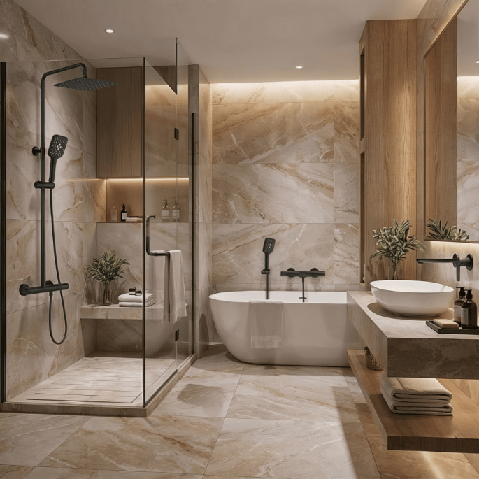 Mitigeur lavabo + Bonde sans trop plein + Colonne de douche + Mitigeur Bain + Support douchette Noir mat