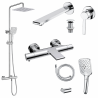 Mitigeur lavabo + Bonde sans trop plein + Colonne de douche + Mitigeur Bain + Support douchette Chrome