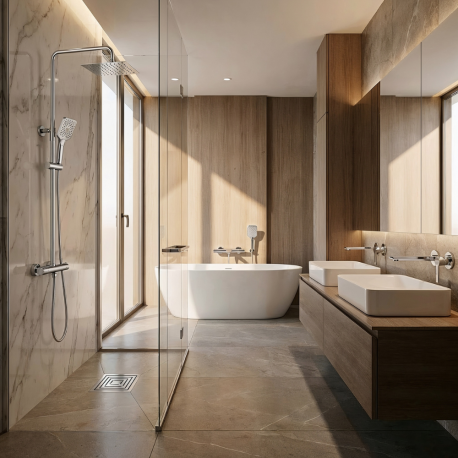 Ensemble 2 Mitigeurs lavabo + 2 Bondes avec trop plein + Colonne de douche + Mitigeur Bain + Support douchette - Couleur Chromée