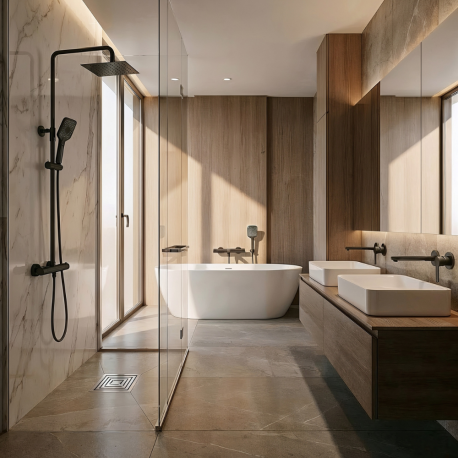 Ensemble 2 Mitigeurs lavabo + 2 Bondes avec trop plein + Colonne de douche + Mitigeur Bain + Support douchette - Noir mat