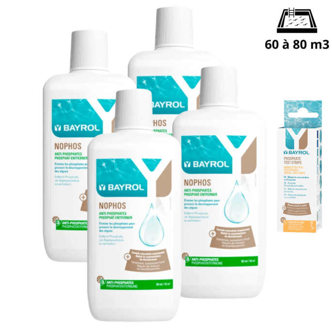 Bayrol - Nophos anti-phosphate x 4 + languette analyse pour bassin de 60 à 80 m3