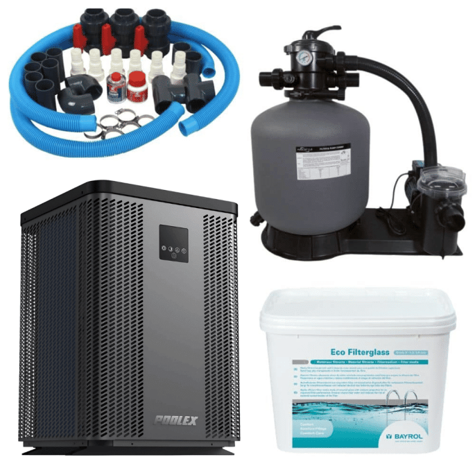 Pack Pompe à chaleur Piscine Poolex Q-Line 5 + By pass universel + Pompe de filtration + Filtre à sable + Verre Filtrant