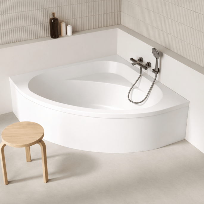 Pack baignoire d'angle + tablier + vidage - 135 x 135 cm - Blanc brillant