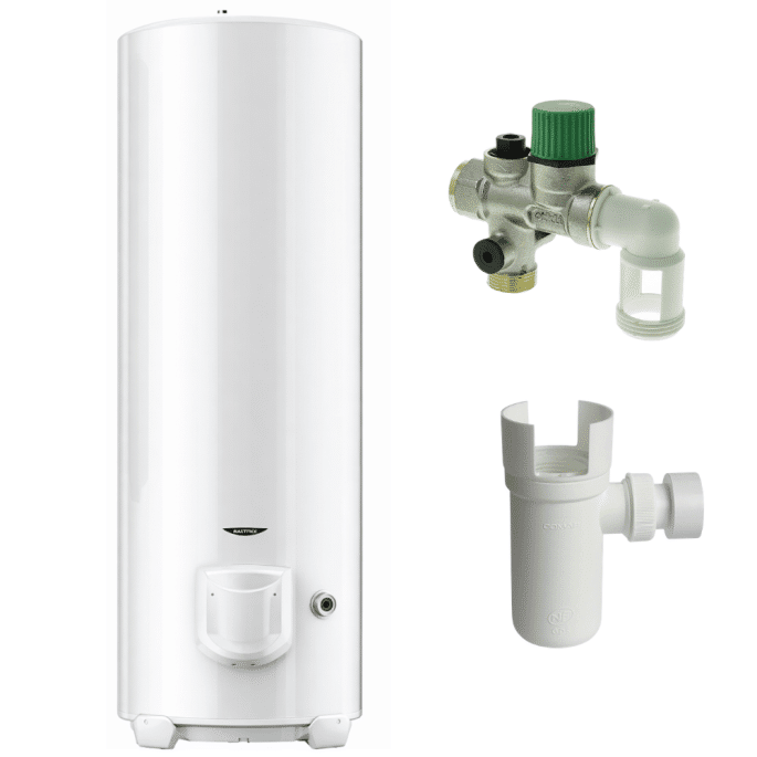 Pack chauffe-eau électrique 300 L Ariston Initio à résistance blindée sol + groupe + siphon