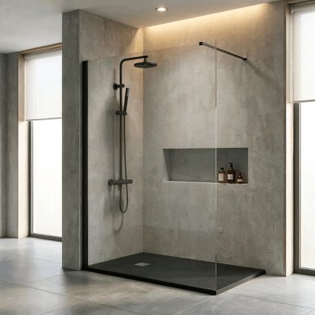 Pack douche italienne Noir : receveur 140x90 cm + colonne de douche + paroi fixe
