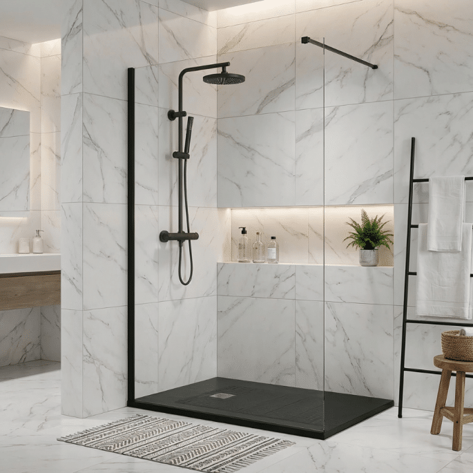 Pack douche à l’italienne Noir : receveur 120x80 cm + colonne de douche + paroi fixe