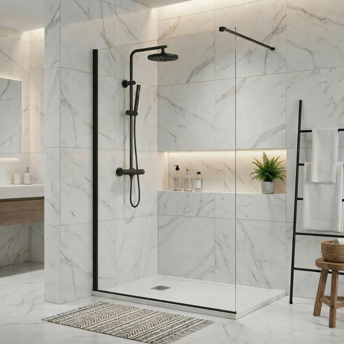 Pack douche italienne : receveur blanc 120x80 cm + colonne de douche noire + paroi fixe profilé noir