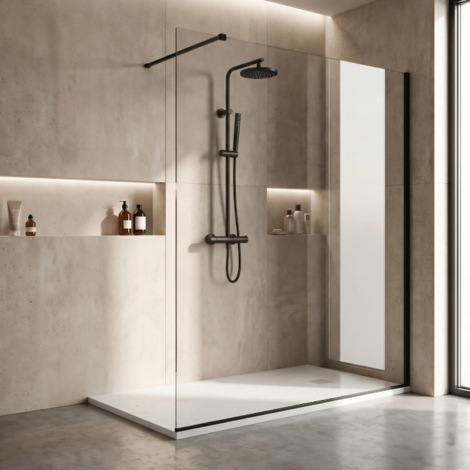 Pack douche italienne : receveur blanc 120x80 cm + colonne de douche noire + paroi fixe profilé noir