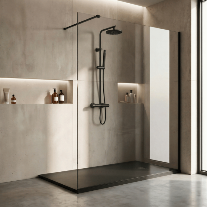 Pack douche italienne : receveur noir 160x90 cm + colonne de douche noire + paroi fixe profilé noir