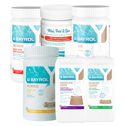 Pack produits Bayrol Piscine hors-sol : 5 fonctions 1kg, Choc 1kg, pH plus 1kg, pH minus 1,5kg, Anti-algues 1L, Floculation 1L