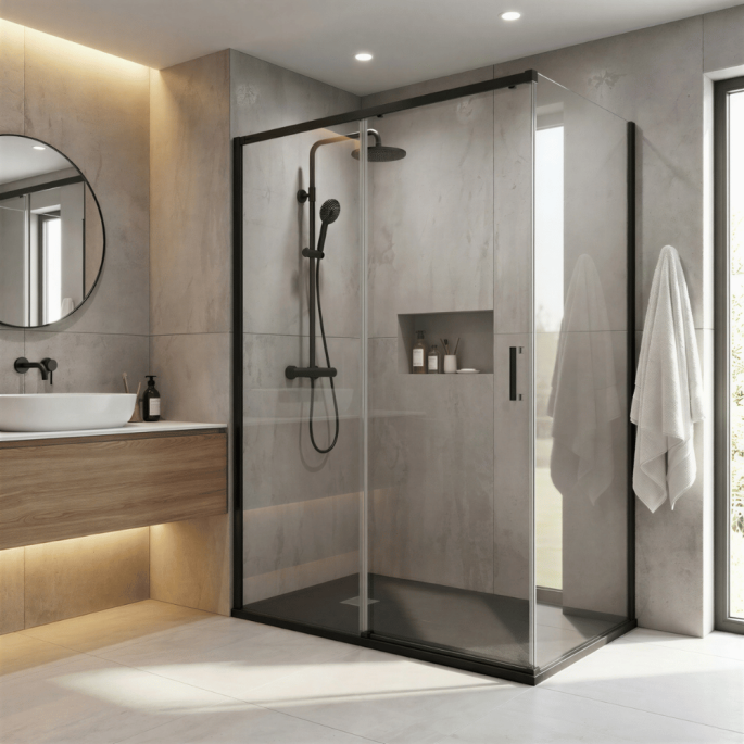 Pack douche fermée (entre 2 murs) Noir : receveur 120x80 + paroi coulissante + paroi latérale fixe