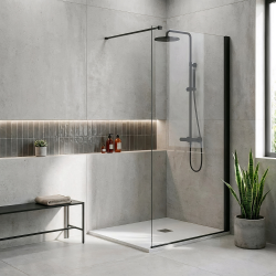Pack douche à l’italienne : receveur blanc 120x80 cm + paroi fixe profilé noir