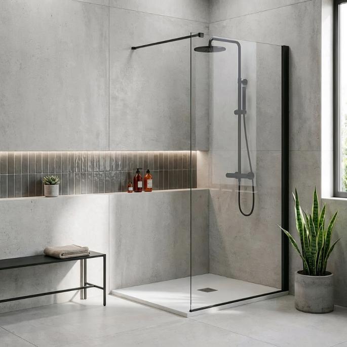 Pack douche à l’italienne : receveur blanc 120x80 cm + paroi fixe profilé noir