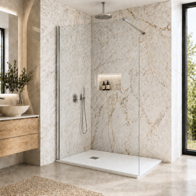 Pack douche italienne : receveur blanc 120x80 cm + paroi fixe profilé chromé