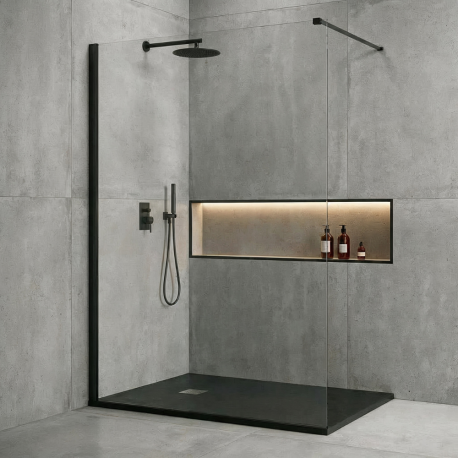 Pack douche à l’italienne Noir : receveur 140x90 cm + paroi fixe