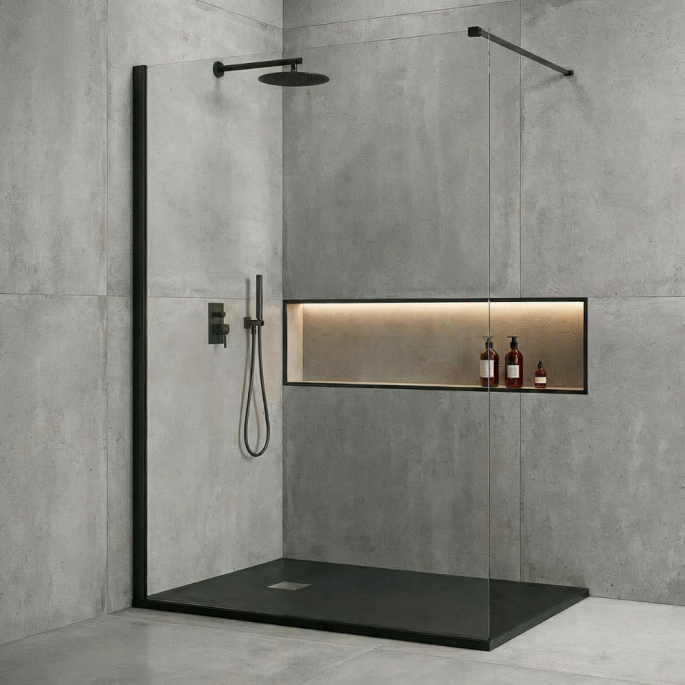 Pack douche à l’italienne Noir : receveur 140x90 cm + paroi fixe
