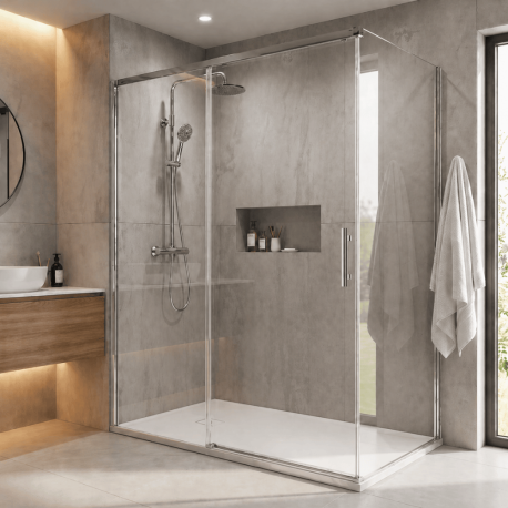 Pack douche fermée (entre deux murs) chromé : receveur 160x90 cm + paroi coulissante + paroi latérale fixe