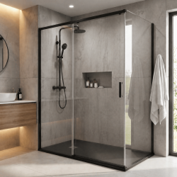 Pack douche fermée (entre deux murs) noir : receveur 140x90 cm + paroi coulissante + paroi latérale fixe