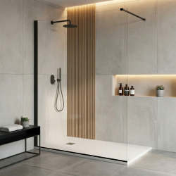 Pack douche italienne : receveur blanc 140x90 cm + paroi fixe profilé noir