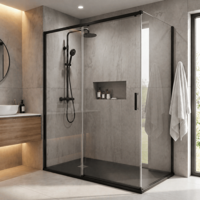 Pack douche fermée (entre deux murs) noir : receveur 140x90 cm + paroi coulissante + paroi latérale fixe