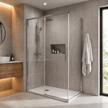 Pack douche fermée (entre deux murs) chromé : receveur 160x90 cm + paroi coulissante + paroi latérale fixe