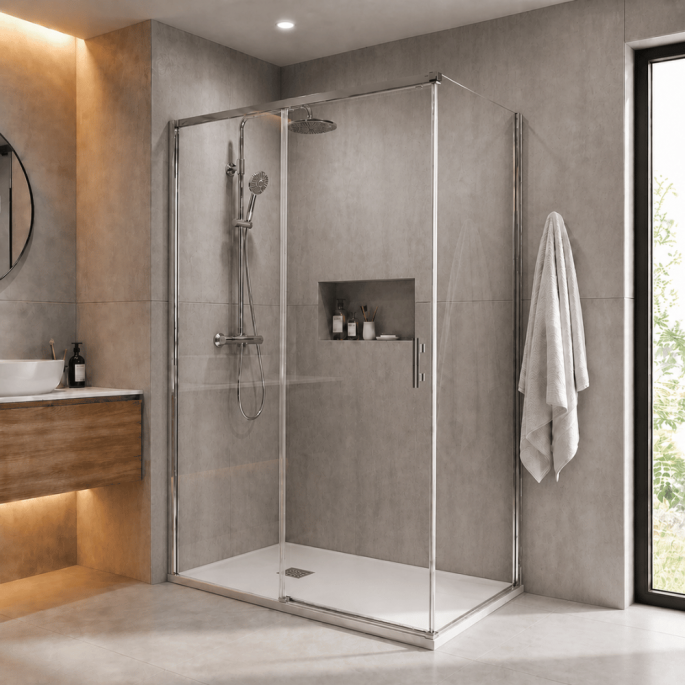 Pack douche fermée (entre deux murs) chromé : receveur 160x90 cm + paroi coulissante + paroi latérale fixe