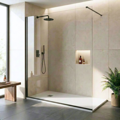 Pack douche italienne : receveur blanc 160 x 90 cm + paroi fixe profilé noir