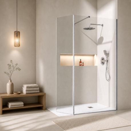 Pack douche italienne chromé : receveur blanc 160x90 cm + paroi fixe et volet mobile