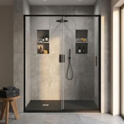 Pack douche (entre 3 murs) noir : receveur 140 x 90 cm + paroi coulissante