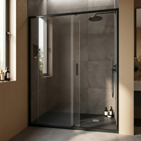 Pack douche (entre 3 murs) noir : receveur 160 x 90 cm + paroi coulissante