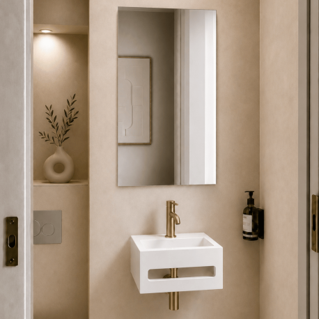 Pack lave-mains : vasque suspendu + robinetterie et siphon or brossé + miroir