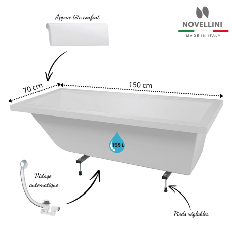 Pack baignoire rectangulaire 150 x 70 cm CALOS 2.0 Novellini avec pieds + repose tête + vidage