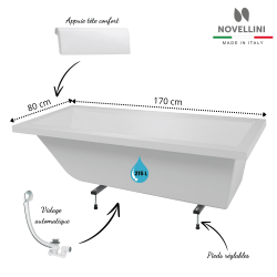 Pack baignoire rectangulaire 170 x 80 cm CALOS 2.0 Novellini avec pieds + repose tête + vidage