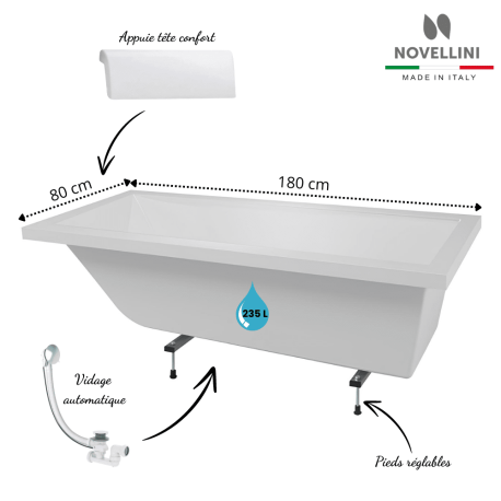 Pack baignoire rectangulaire 180 x 80 cm CALOS 2.0 Novellini avec pieds + repose tête + vidage