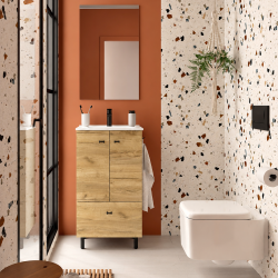 Ensemble salle de bain Gain de place Chêne africain : Meuble profondeur réduite - 50 cm + Vasque + Miroir (pieds inclus) Ensemble salle de bain Gain de place Chêne africain : Meuble profondeur réduite - 50 cm + Vasque + Miroir (pieds inclus)