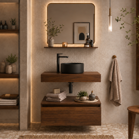 Ensemble salle de bain Noyer : Plan suspendu 80 cm + Meuble + Vasque + Robinetterie noire (Bonde + Siphon inclus)