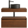 Ensemble salle de bain Noyer : Plan suspendu 80 cm + Meuble + Vasque + Robinetterie noire (Bonde + Siphon inclus)