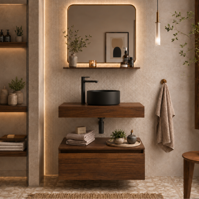 Ensemble salle de bain Noyer : Plan suspendu 80 cm + Meuble + Vasque + Robinetterie noire (Bonde + Siphon inclus)