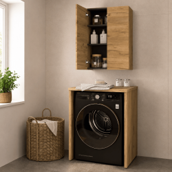 Pack buanderie chêne africain : encadrement machine à laver + meuble haut Pack buanderie chêne africain : encadrement machine à laver + meuble haut