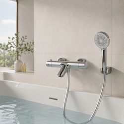 Mitigeur bain thermostatique mural avec douchette - Chromé - Schütte