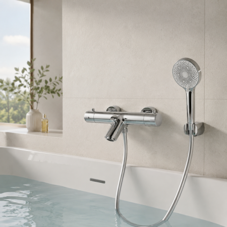 Mitigeur bain thermostatique mural avec douchette - Chromé - Schütte