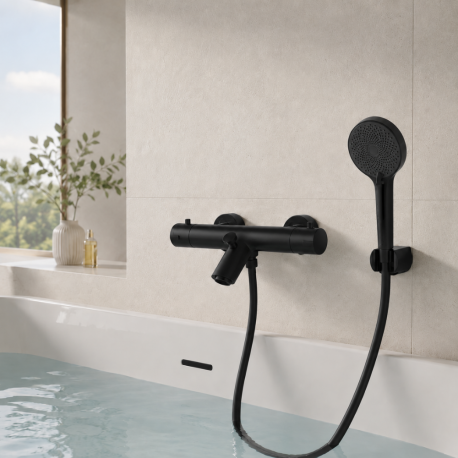 Mitigeur bain thermostatique mural avec douchette - Noir mat - Schütte