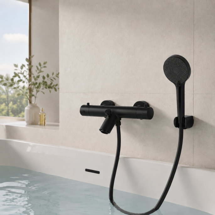Mitigeur bain thermostatique mural avec douchette - Noir mat - Schütte