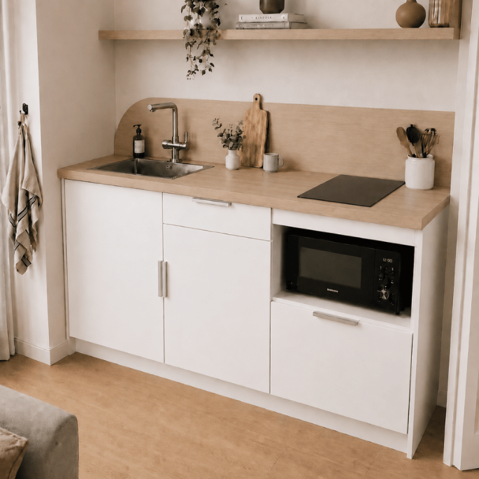 Pack cuisine 160 cm – meubles + Plan de travail + Crédence + Accessoires - Blanc & Bois
