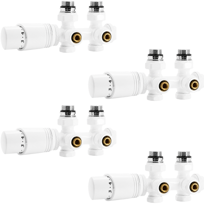 Lot de 4 Kit universel raccordement radiateur blanc 50 mm avec vanne thermostatique et raccords Fluidheat