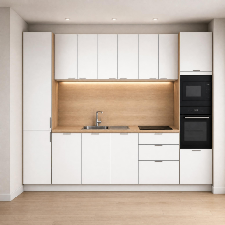 Pack cuisine "en pont" – meubles bas et hauts+ Plan de travail + Crédence + Accessoires - Blanche & Bois