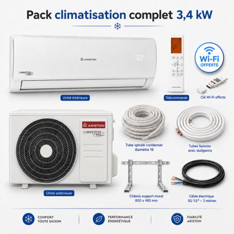 Pack climatisation monosplit Alys Ariston 3,4 kW + kit installation
